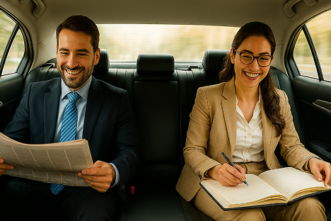 Employees sitting inside a cab